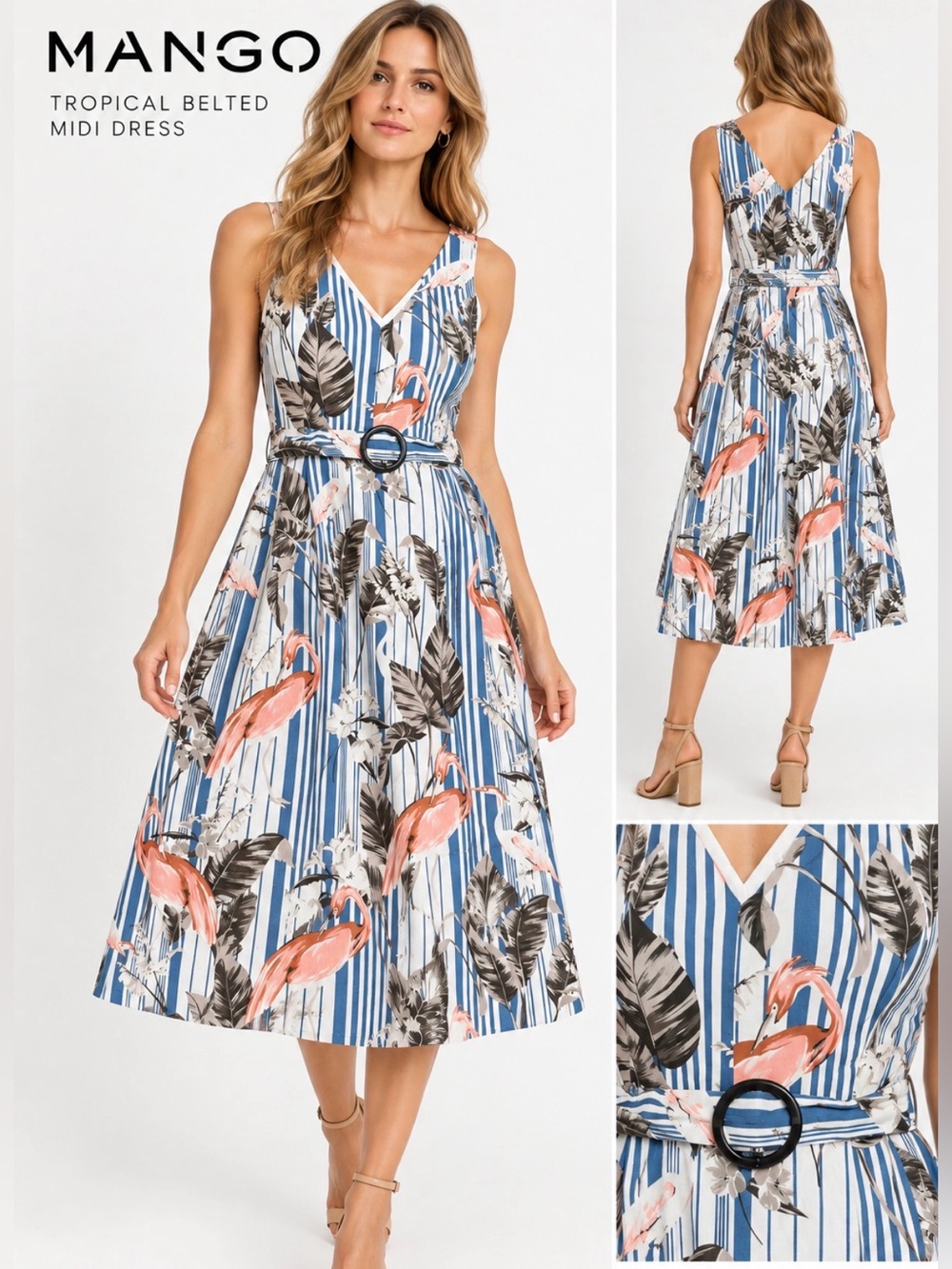 MNG Mango Flamingo Tropical Striped Belted Midid Dress Size 8